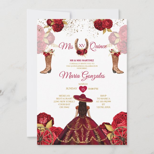 Invitation Mis Quince Red Roses 15 Anos Gold Crown Parties sc (Devant)