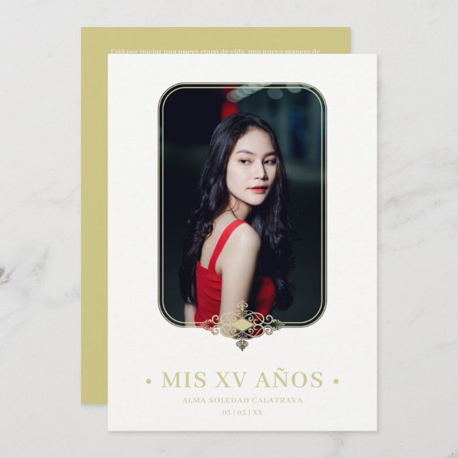 Invitation Mis XV Lace Flourish Golden Effet Photo Espagnol (Devant / Derrière)