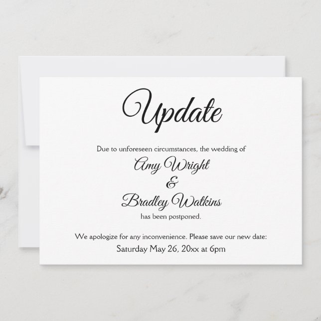 Invitation "Mise à jour" Annonce de report élégant de mariage (Devant)