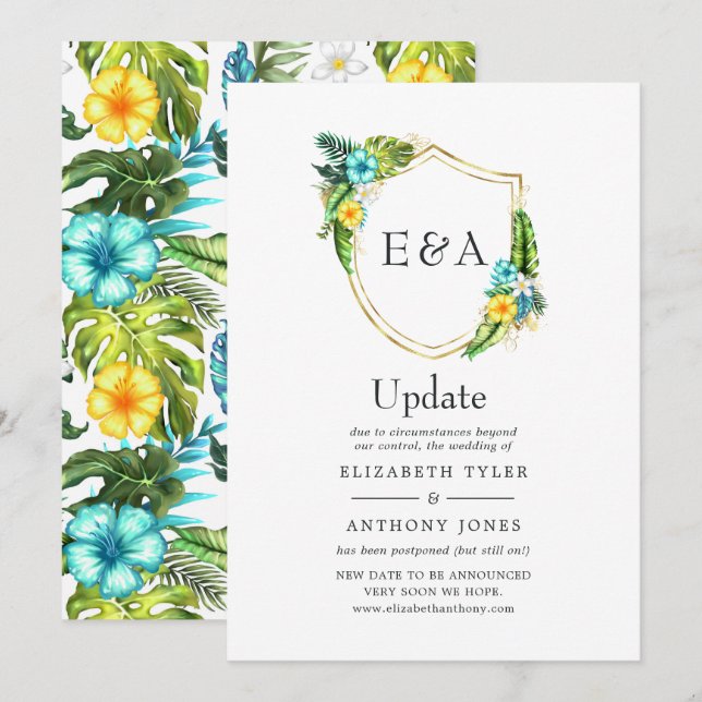 Invitation Mise à jour de mariage de plage tropicale Monogram (Devant / Derrière)