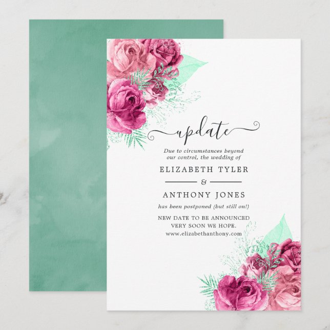 Invitation Mise à jour de mariage floral rose et menthe (Devant / Derrière)