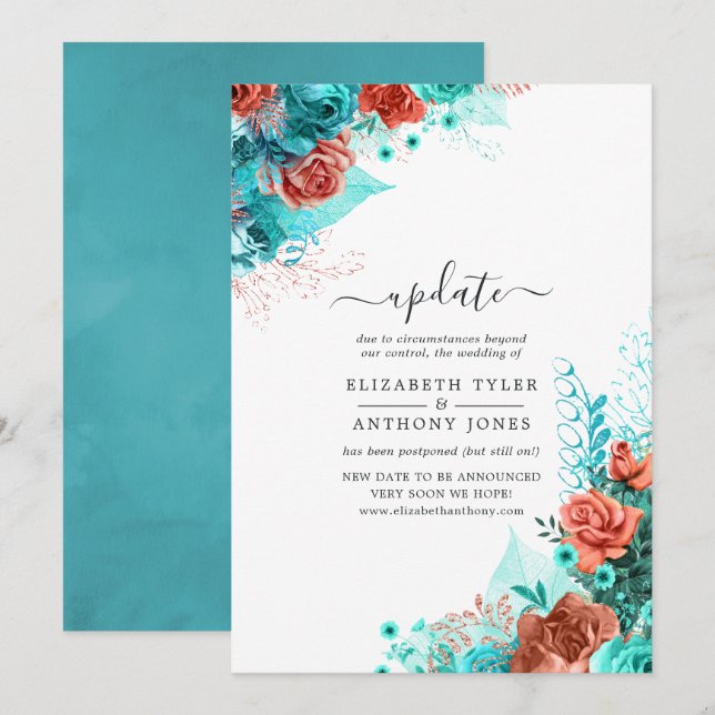 Invitation Mise à jour de mariage floral rustique turquoise e (Devant / Derrière)