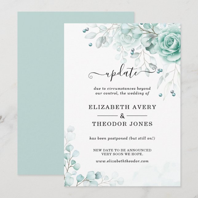 Invitation Mise à jour de mariage floral turquoise et verts s (Devant / Derrière)