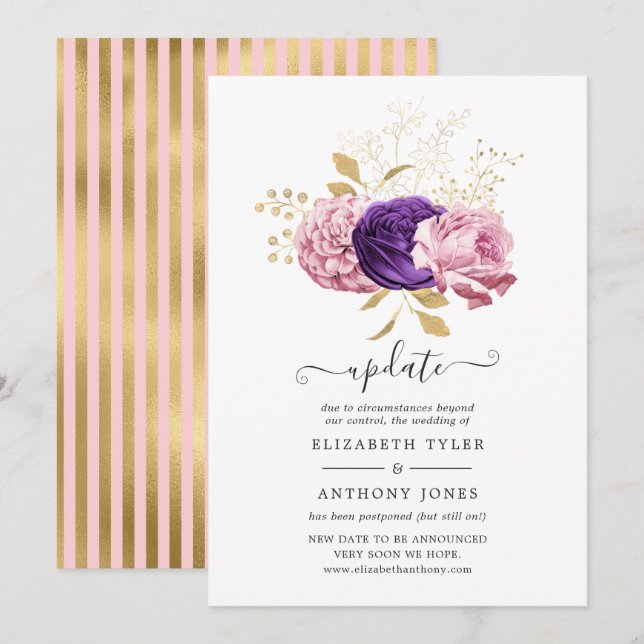 Invitation Mise à jour de mariage reporté avec fleurs roses e (Devant / Derrière)