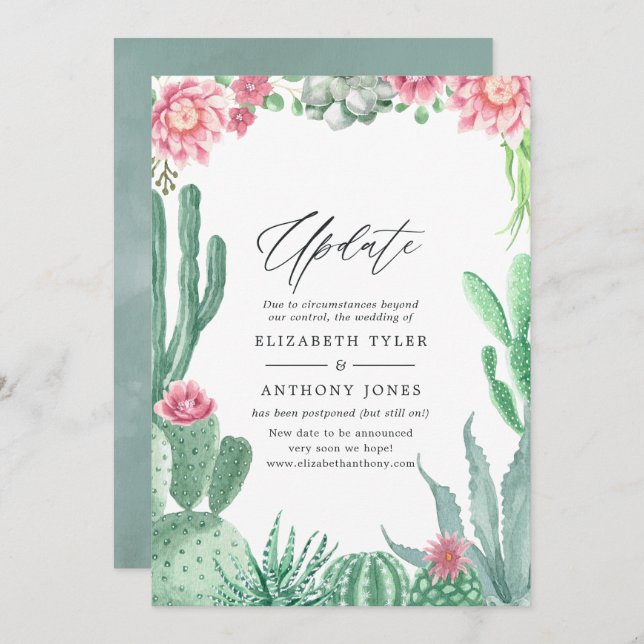 Invitation Mise à jour du Mariage de l'aquarelle Succulents (Devant / Derrière)