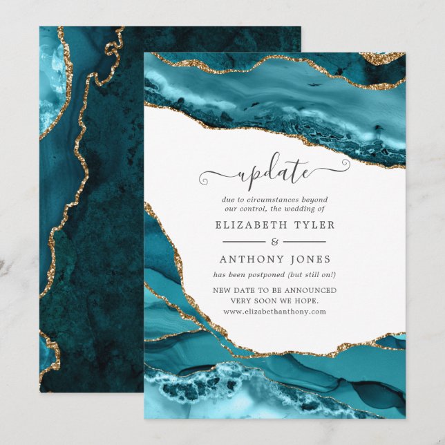 Invitation Mise à jour du mariage en agate turquoise et or (Devant / Derrière)