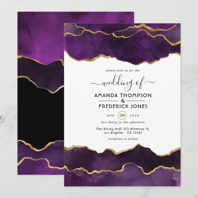 Invitation Mise à jour du mariage en Agate Violet et Or (Devant / Derrière)