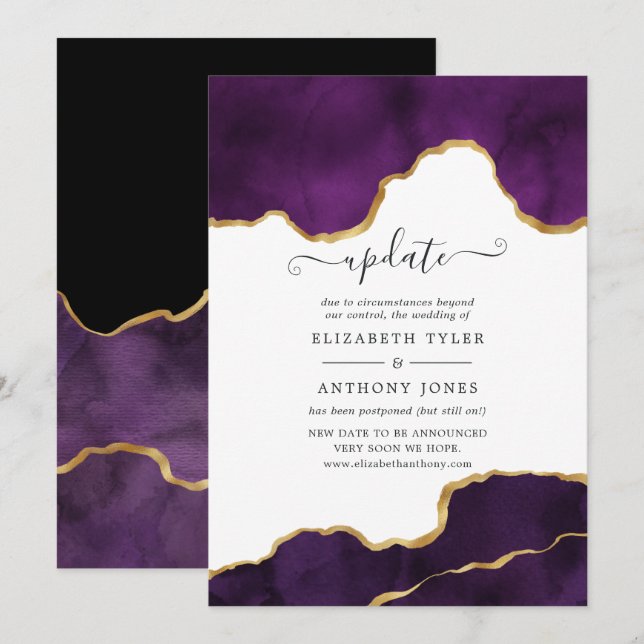 Invitation Mise à jour du mariage en Agate Violette et Dorée (Devant / Derrière)