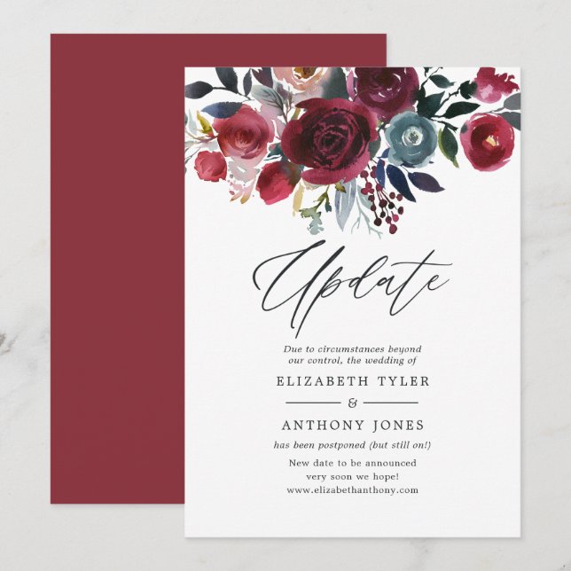 Invitation Mise à jour du mariage floral Boho Chic Bourgogne  (Devant / Derrière)