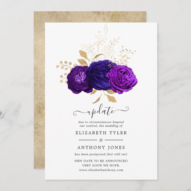 Invitation Mise à jour du Mariage Floral Purple, Royal Blue e (Devant / Derrière)
