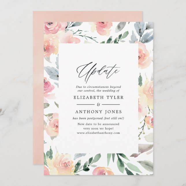 Invitation Mise à jour du Mariage floral rose Pastel Blush (Devant / Derrière)