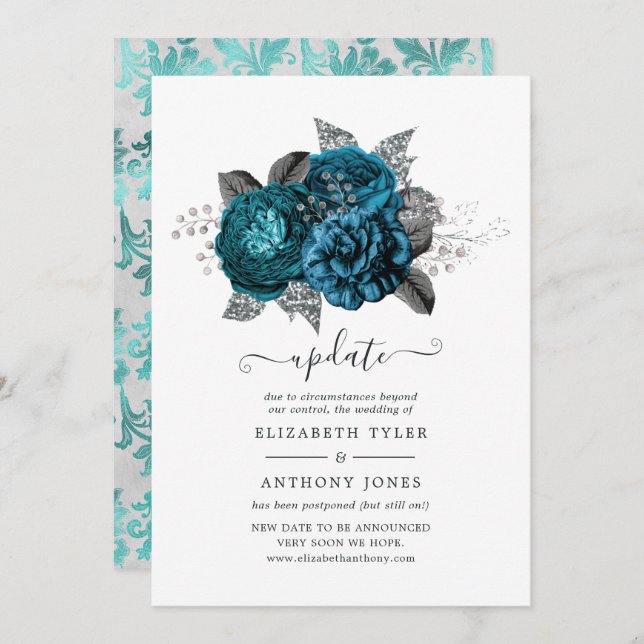 Invitation Mise à jour du Mariage floral Turquoise, Noir et A (Devant / Derrière)