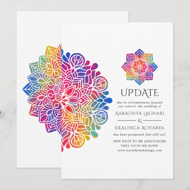 Invitation Mise à jour du mariage indien Mandala Arc-en-ciel (Devant / Derrière)