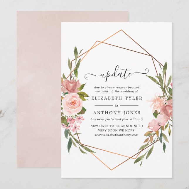 Invitation Mise à jour du Mariage rose Gold et Blush Pink (Devant / Derrière)