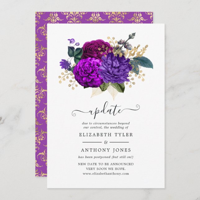 Invitation Mise à jour du Mariage Royal Purple et Gold Floral (Devant / Derrière)