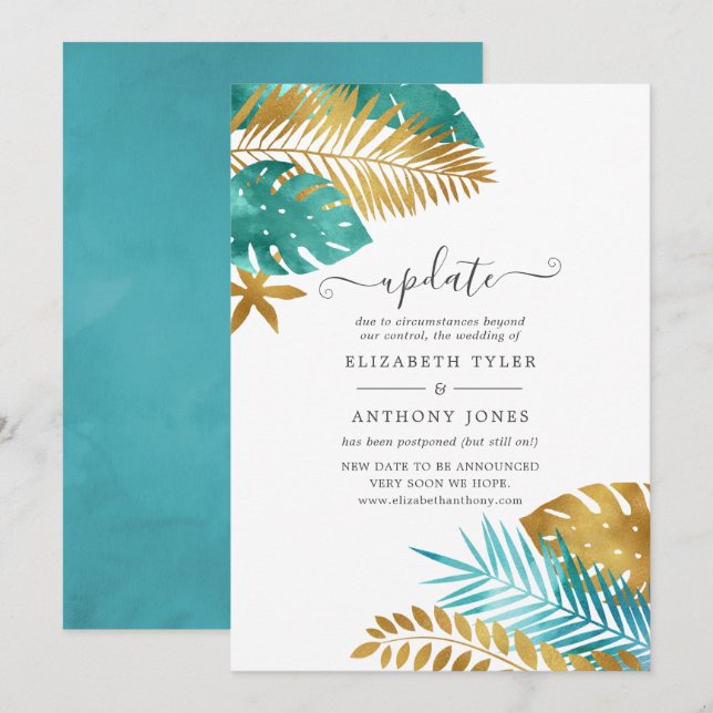 Invitation Mise à jour du Mariage Tropical turquoise et Gold (Devant / Derrière)