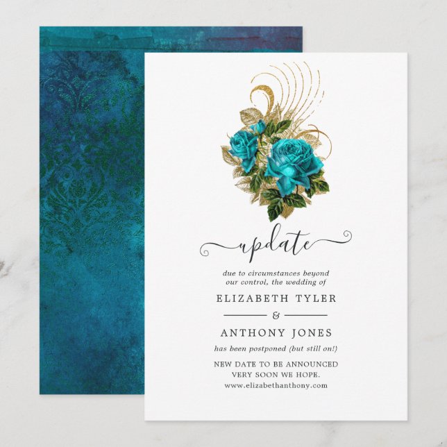 Invitation Mise à jour du mariage Turquoise et Or de la Forêt (Devant / Derrière)