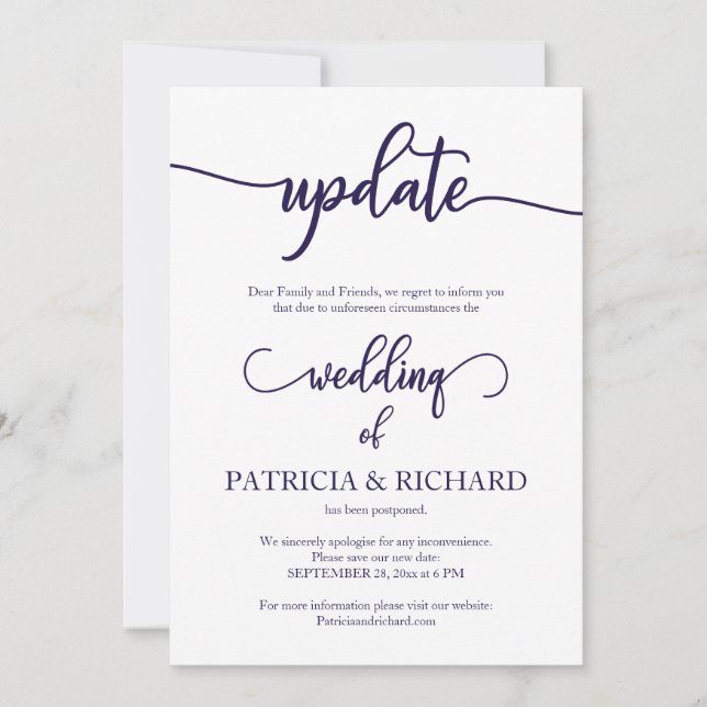 Invitation Mise à jour du report de mariage Navy Blue Script (Devant)