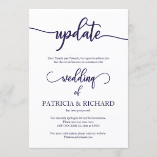 Invitation Mise à jour du report de mariage Navy Blue Script
