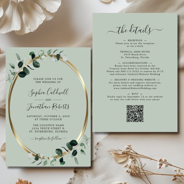 Invitation Mise à jour Eucalyptus Gold Sage tout en un Mariag (Updated Eucalyptus Gold Sage Double Sided All in One Wedding Invitation)