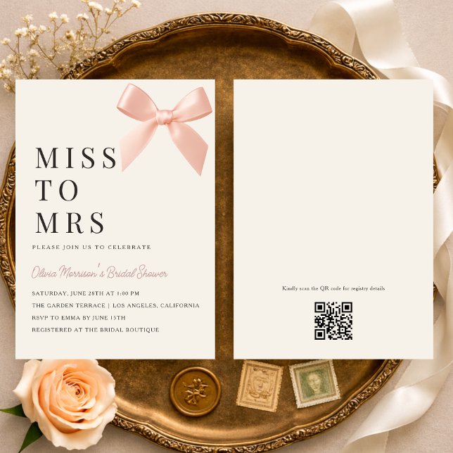 Invitation Miss à Mrs Blush Rose Bow Code QR Shower de Mariag (Créateur téléchargé)