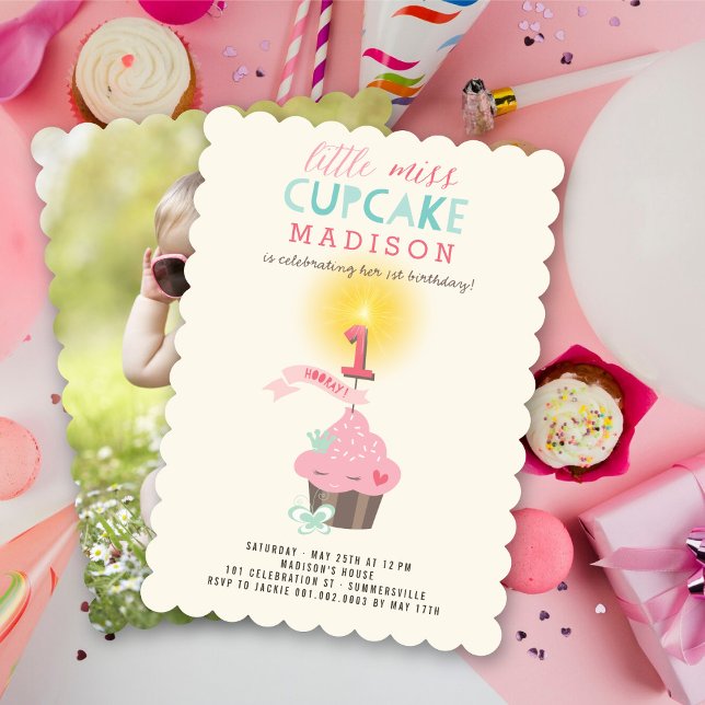 Invitation Miss Cupcake Princesse Fille 1er anniversaire (Little Miss Pink Cupcake Princess, Whimsical Girl's 1st Birthday Party Invitation @ fat_fa_tin)