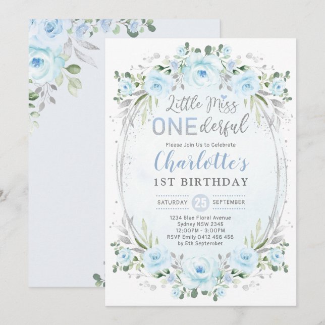 Invitation Miss ONEderful Baby Blue Gold Floral 1er anniversa (Devant / Derrière)