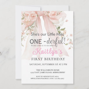 Invitation Miss Onederful Fille Rose Ruban Floral 1er Anniver