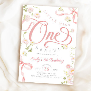 Invitation Miss Onederful Fleurs Roses 1er Anniversaire