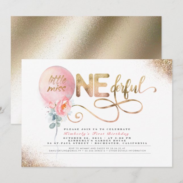 Invitation Miss ONEderful Floral Balloon 1er Anniversaire (Devant / Derrière)