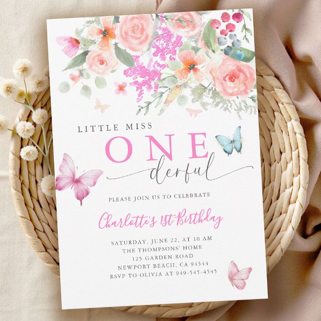 Invitation Miss Onederful Floral Papillon 1er Anniversaire (little miss onederful girls 1st birthday invitation colorful garden wildflowers watercolor butterfly)