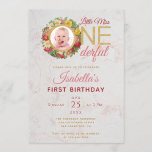 Invitation Miss Onederful Photo en Rose Wreath Premier annive