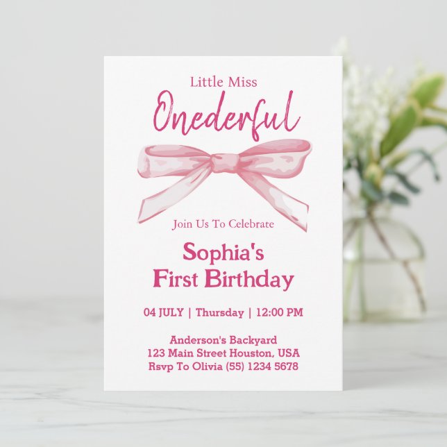 Invitation Miss ONEDERFUL Pink Bow Girl 1er anniversaire (Debout devant)