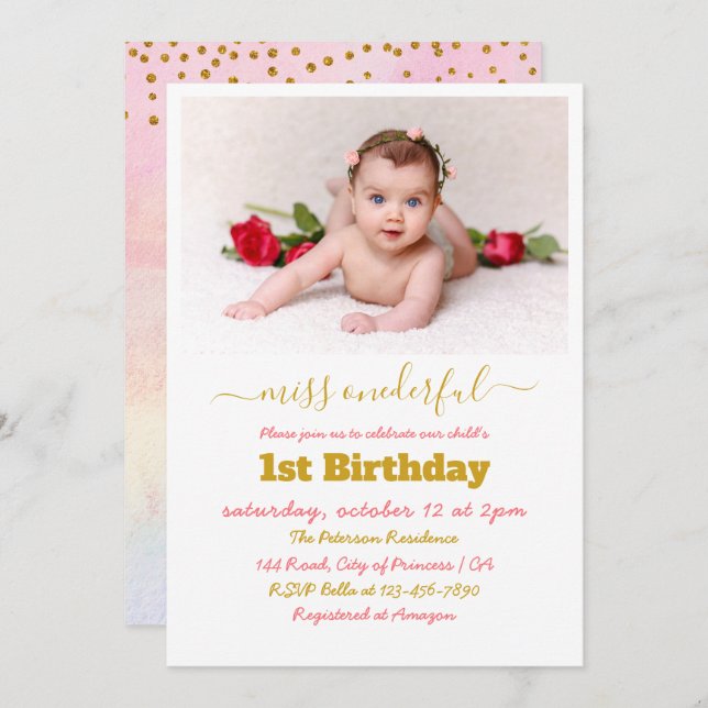 Invitation Miss Onederful Simple Photo 1er anniversaire (Devant / Derrière)