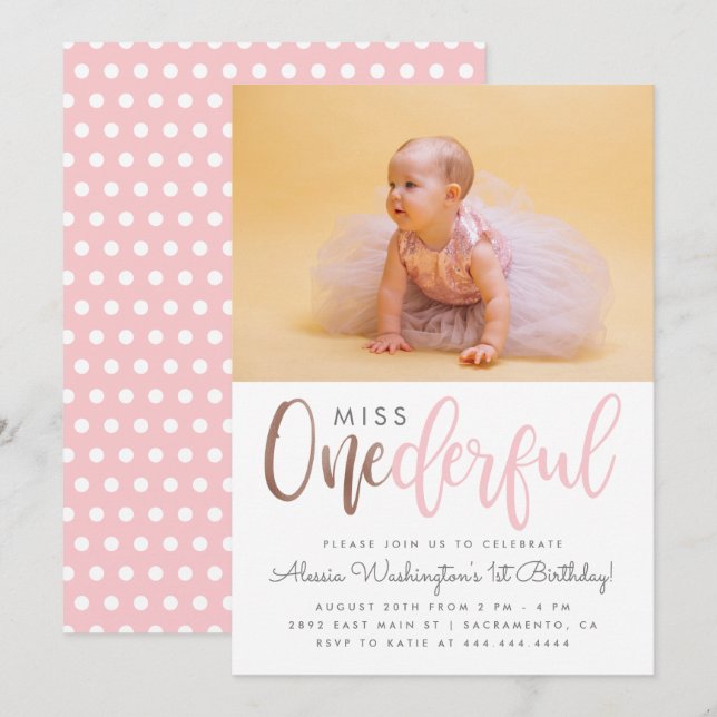 Invitation Miss Rose Cute Onederful Script Photo 1er annivers (Devant / Derrière)