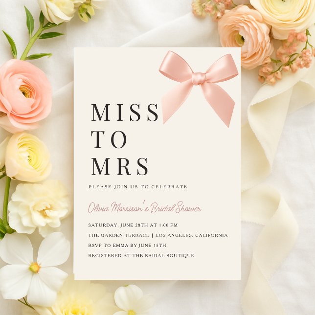 Invitation Miss to Mrs Blush Pink Bow Bridal Shower (Créateur téléchargé)