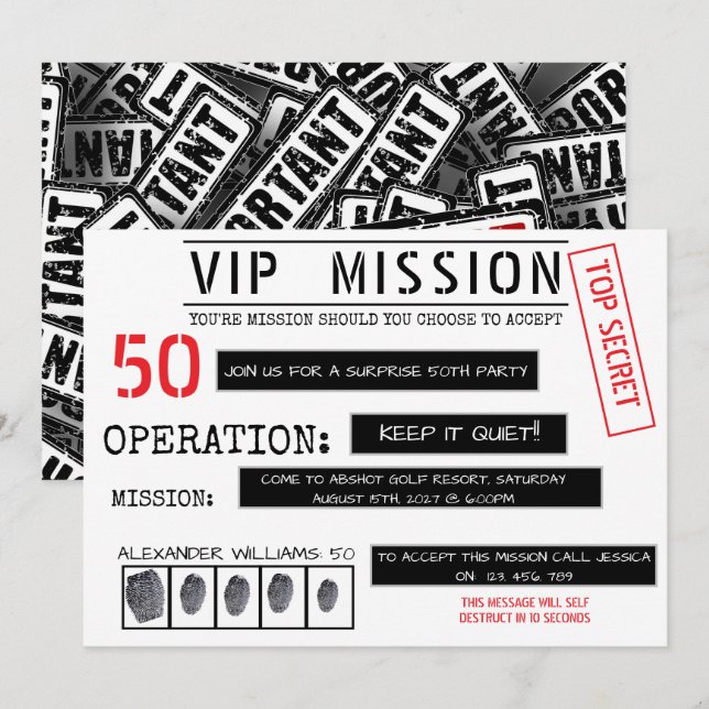 Invitation Mission VIP Surprise 50e Anniversaire (Devant / Derrière)