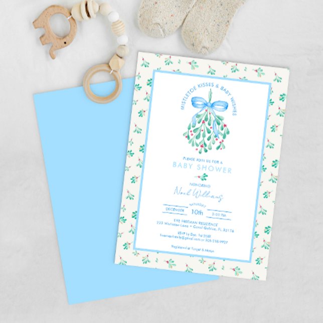 Invitation Mistletoe Baisers Baby shower bleu pour garçon (Blue ribbon winter baby mistletoe kisses baby shower)