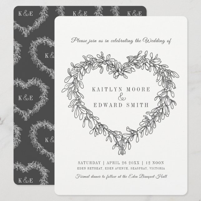 Invitation Mistletoe coeur ligne art mariage gris foncé blanc (Devant / Derrière)