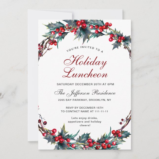 Invitation Mistletoe Holly Berry Wreath Holiday Luncheon (Devant)