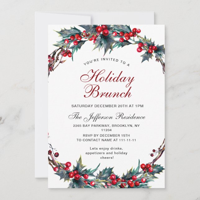 Invitation Mistletoe Holly Wreath Christmas Holiday Brunch (Devant)