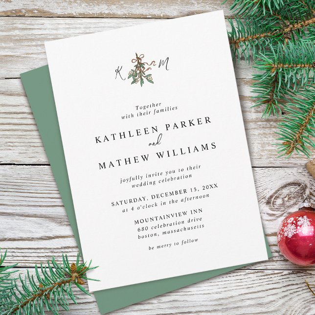Invitation Mistletoe Initiales Mariage de vacances (Mistletoe Initials Holiday Wedding Invitation)