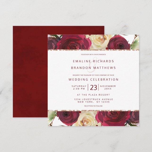 Invitation Mistletoe Manor Aquarelle Carré de mariage d'hiver (Devant / Derrière)