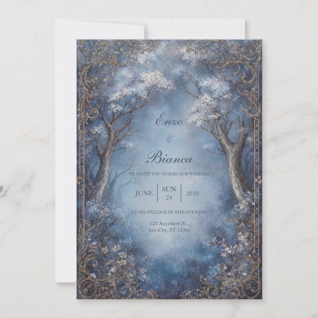 Invitation Misty Blue Enchanted Forest Gold Filigree Wedding (Devant)