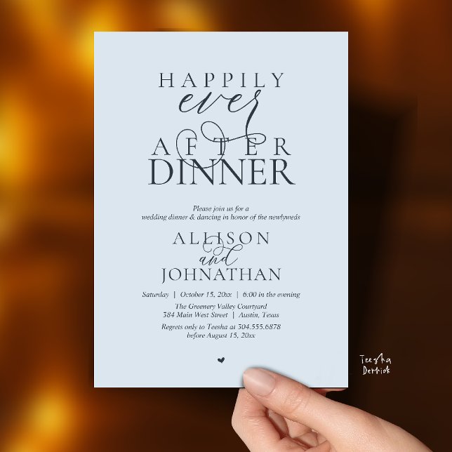 Invitation Misty Blue Happily Ever After Dinner Wedding (Happily Ever After Dinner Modern Script Wedding Invitation Card in Misty Blue)