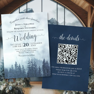 Invitation Misty Blue Mountain Pines Rustic QR Code Mariage