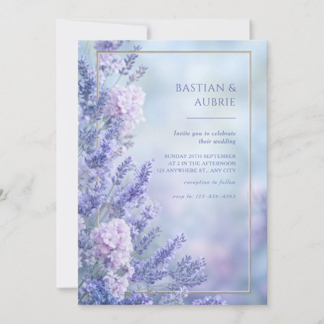 Invitation Misty Blue Romantic Lavender Gold Frame Wedding (Devant)