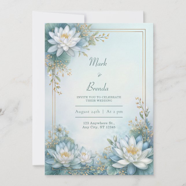 Invitation Misty Blue Water Lily Gold Frame Wedding (Devant)