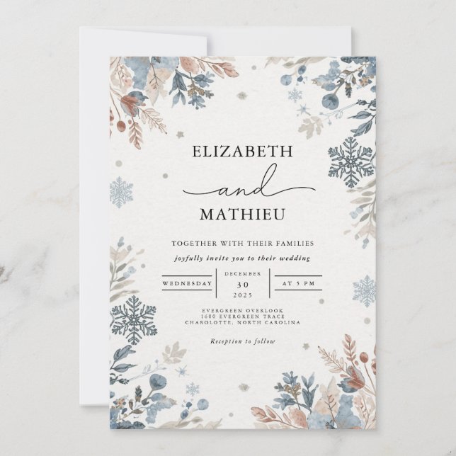 Invitation Misty Blue Winter Floral Mariage (Devant)