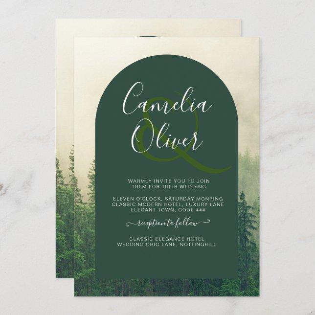 Invitation Misty Green Forest Pine Trees Mariage (Devant / Derrière)